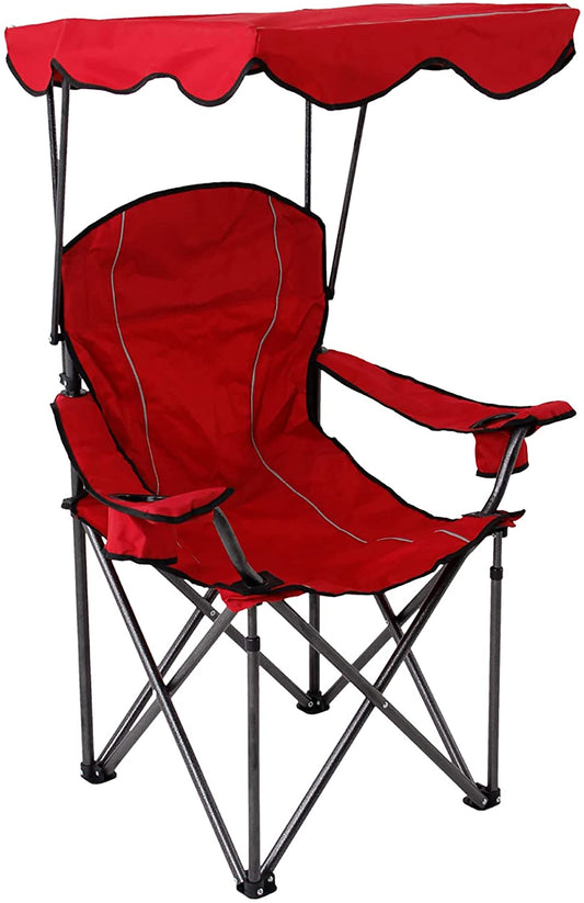 Camp Chair with Shade Canopy Folding Camping Recliner Chair with Carry Bag for Outdoor Camping Hiking Beach, Heavy Duty 330 LBS, Red