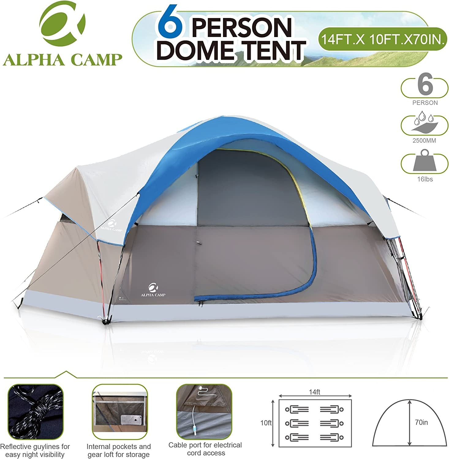 6 Person Family Tent Dome Camping Tent with Carry Bag and Rainfly